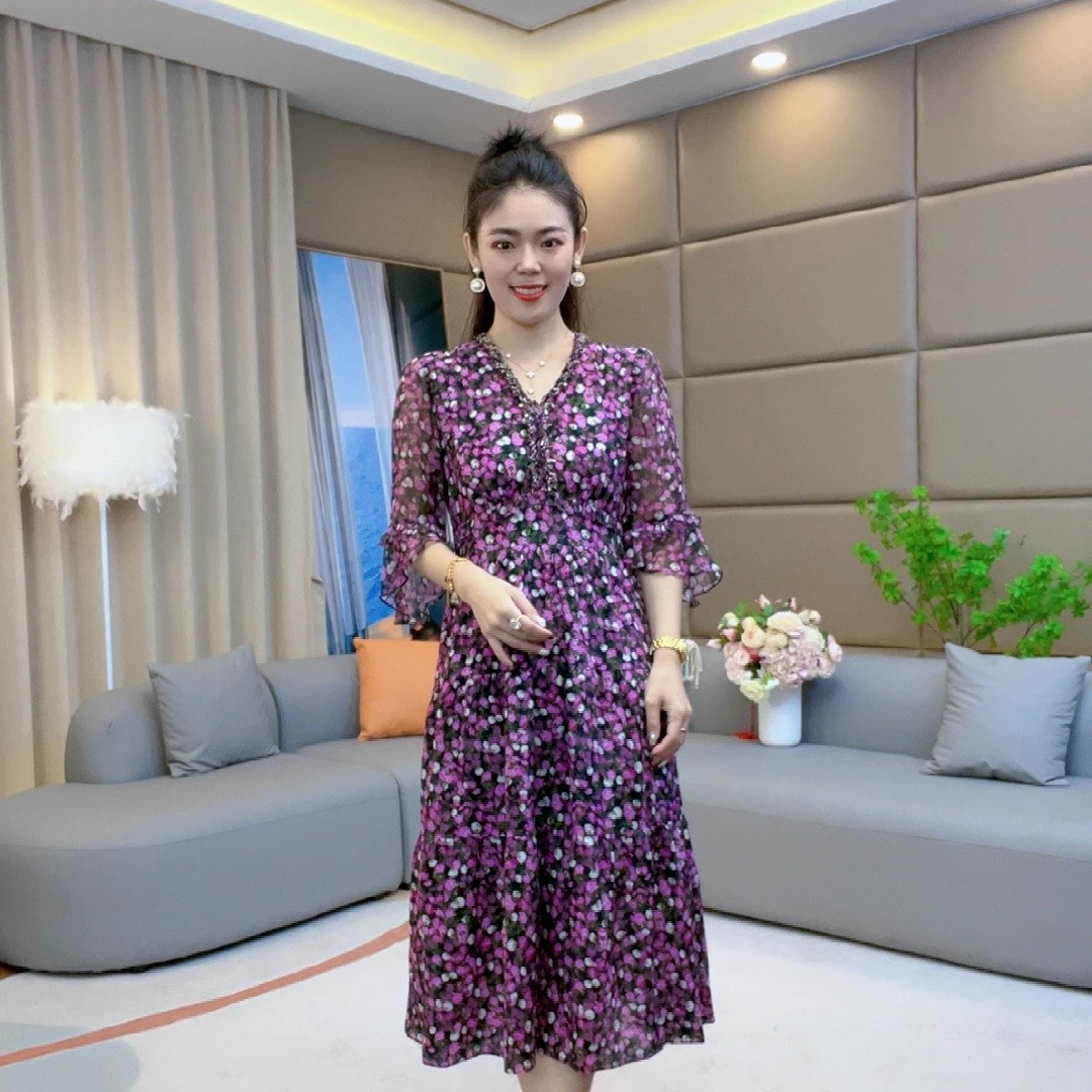 【火火精选】“紫色蔷薇”碎花宽松时尚桑蚕丝连衣裙女款75220