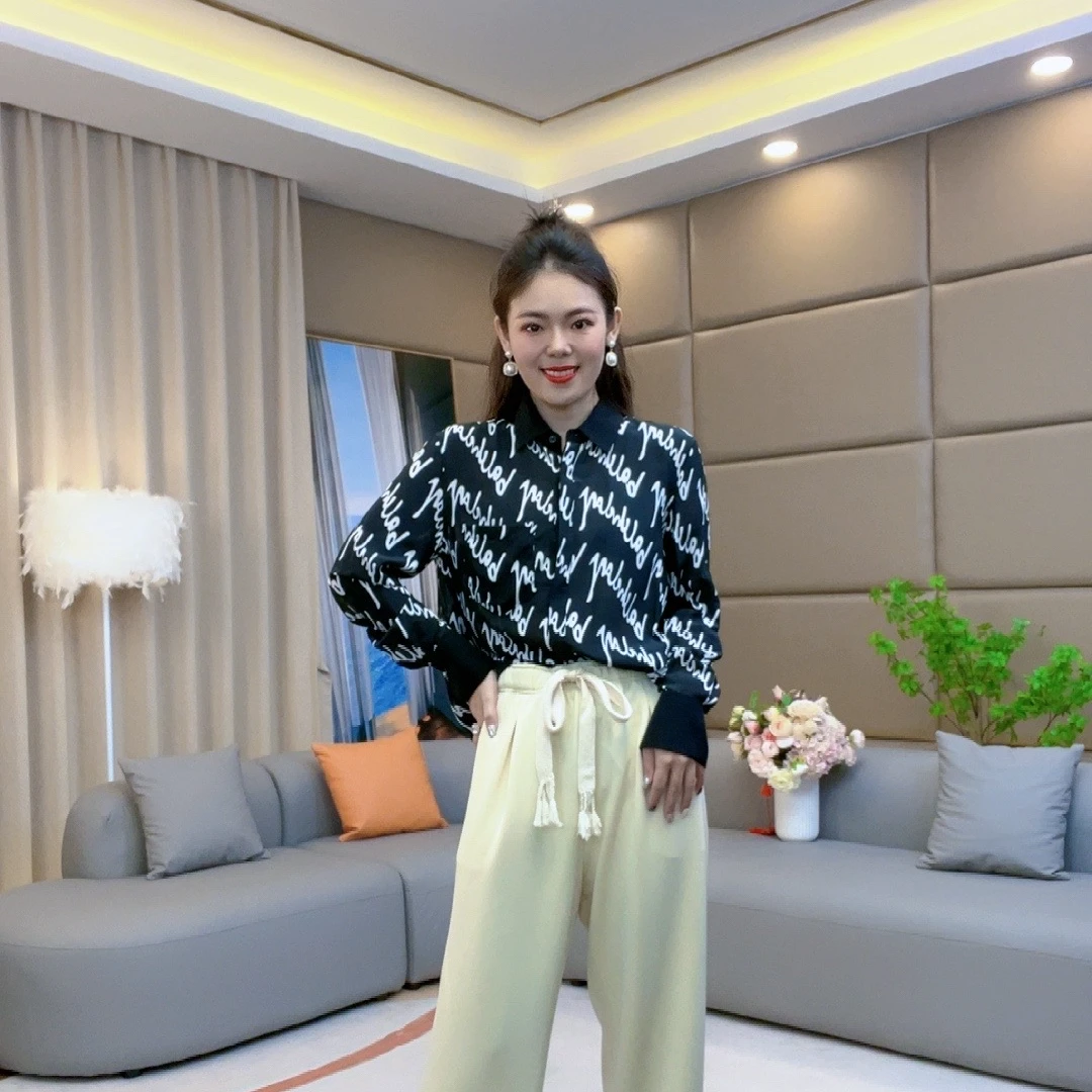 【火火精选】黑色字母西装领长袖休闲气质女士桑蚕丝衬衫 90157