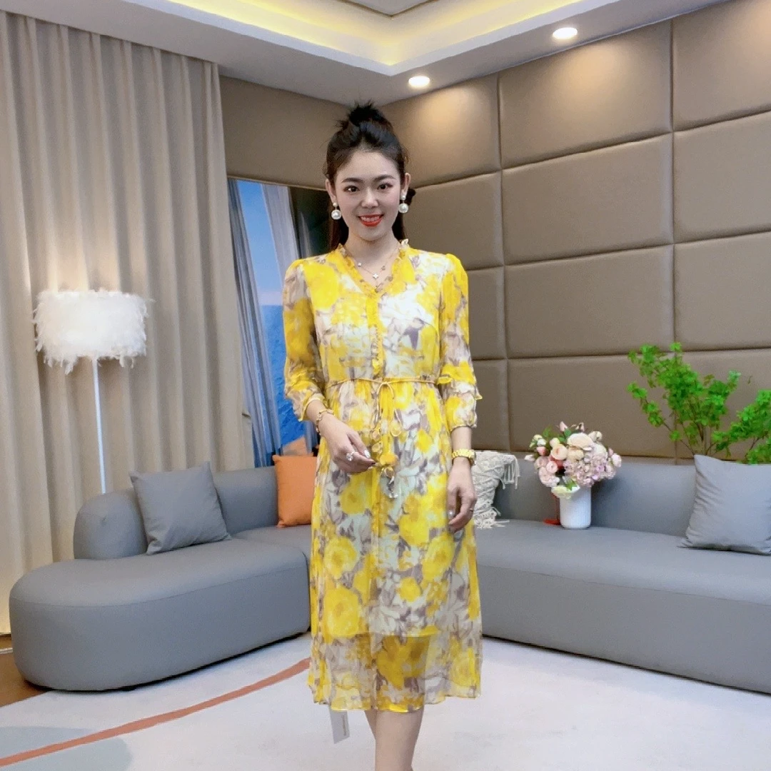 【火火精选】 黄、蓝色气质宽松时尚印花女士桑蚕丝连衣裙  90142