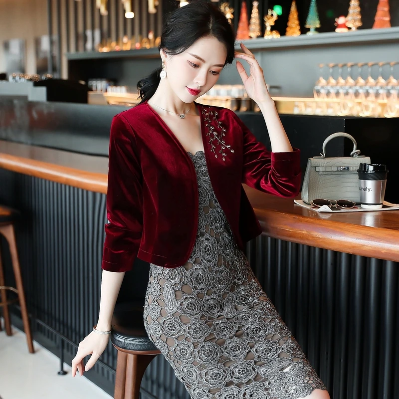 秋季立领金丝绒妈妈礼服外套小披肩百搭短款洋气开衫复古外套女