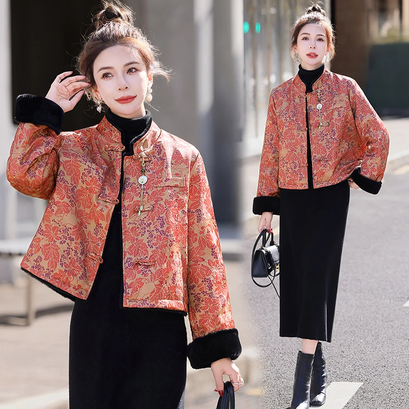 新中式国风印花羽绒服女冬季2024新款妈妈宽松复古盘扣白鸭绒外套