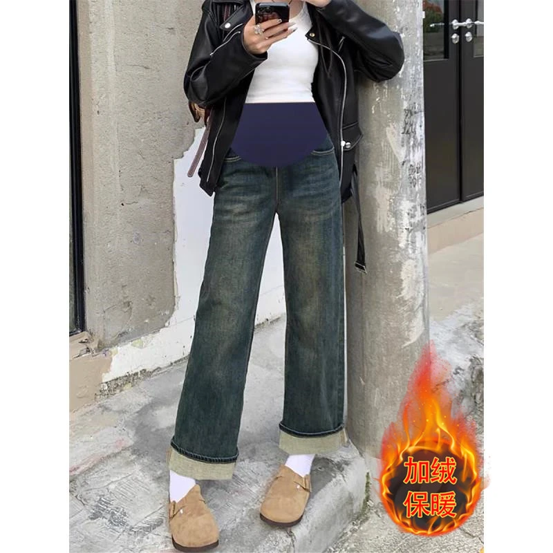 孕妇牛仔裤加绒孕中期秋装高腰托腹外穿显瘦高弹力直筒法棍烟管裤