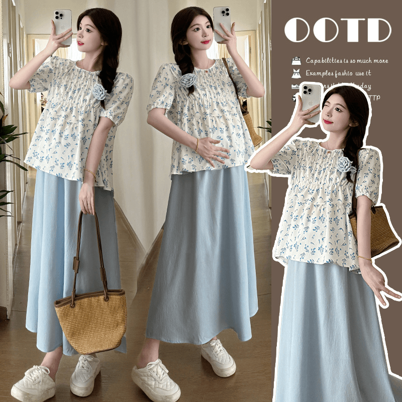 孕妇套装女夏季外穿2024潮款洋气韩版小清新上衣半身裙两件套夏装