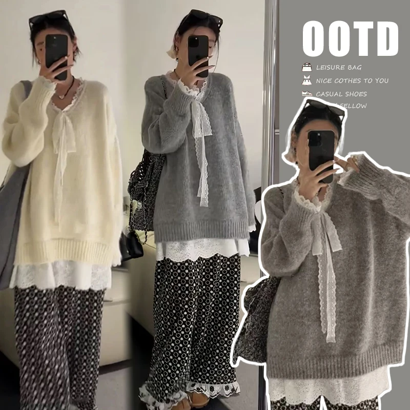 孕妇装女2025爆款洋气韩版蕾丝拼接上衣潮妈穿搭宽松显瘦毛衣秋装