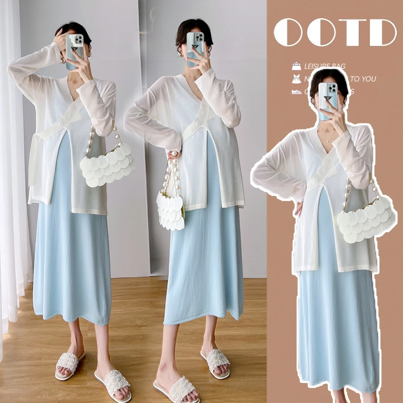 孕妇装潮款夏季洋气韩版高级感针织冰丝套装吊带连衣裙防晒衣夏装