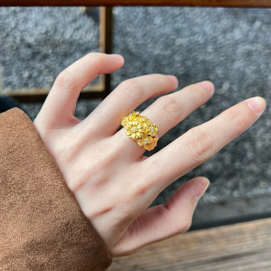 （钱来钱来定制）足金999繁花戒指经典百搭 司凤同款 黄金女士戒