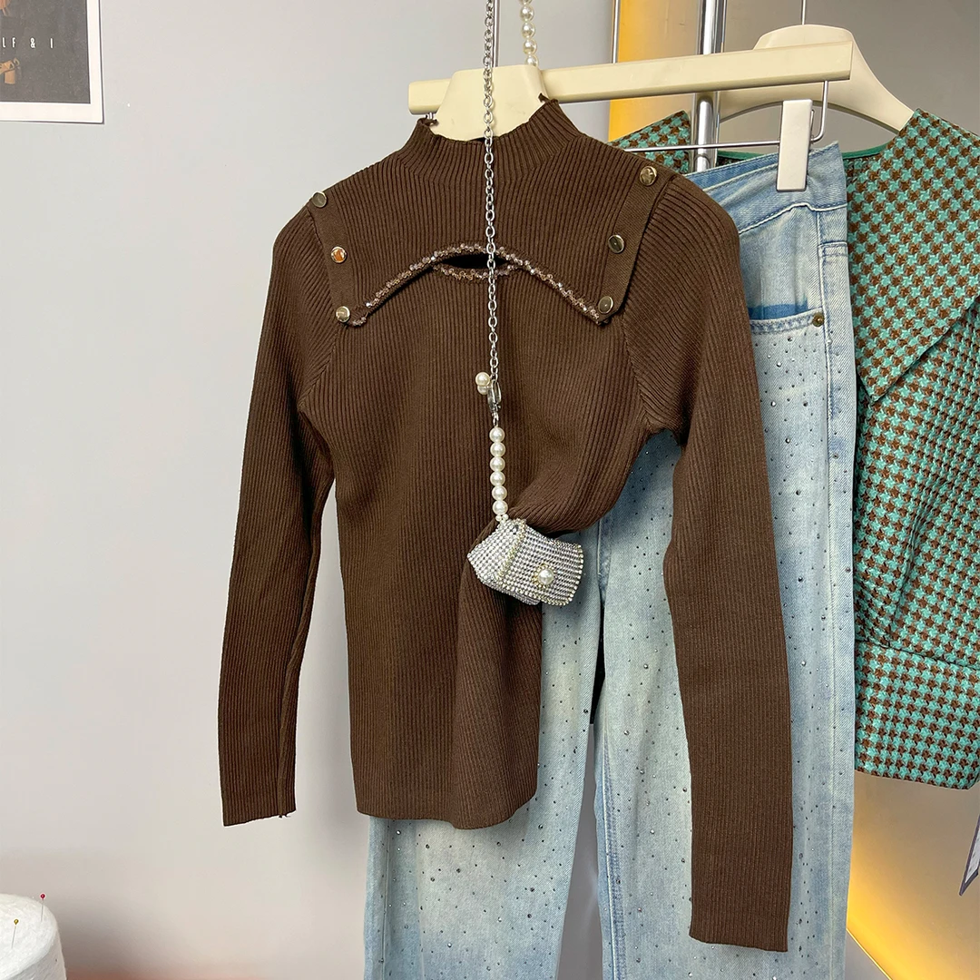 270#针织打底衫女秋冬设计感半高领镂空双肩扣毛衣气质漂亮百搭