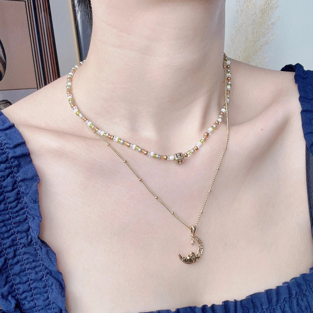 钛钢项链 简约ins小众项链叠戴彩色串珠轻奢坠链欧美饰品手工吊坠