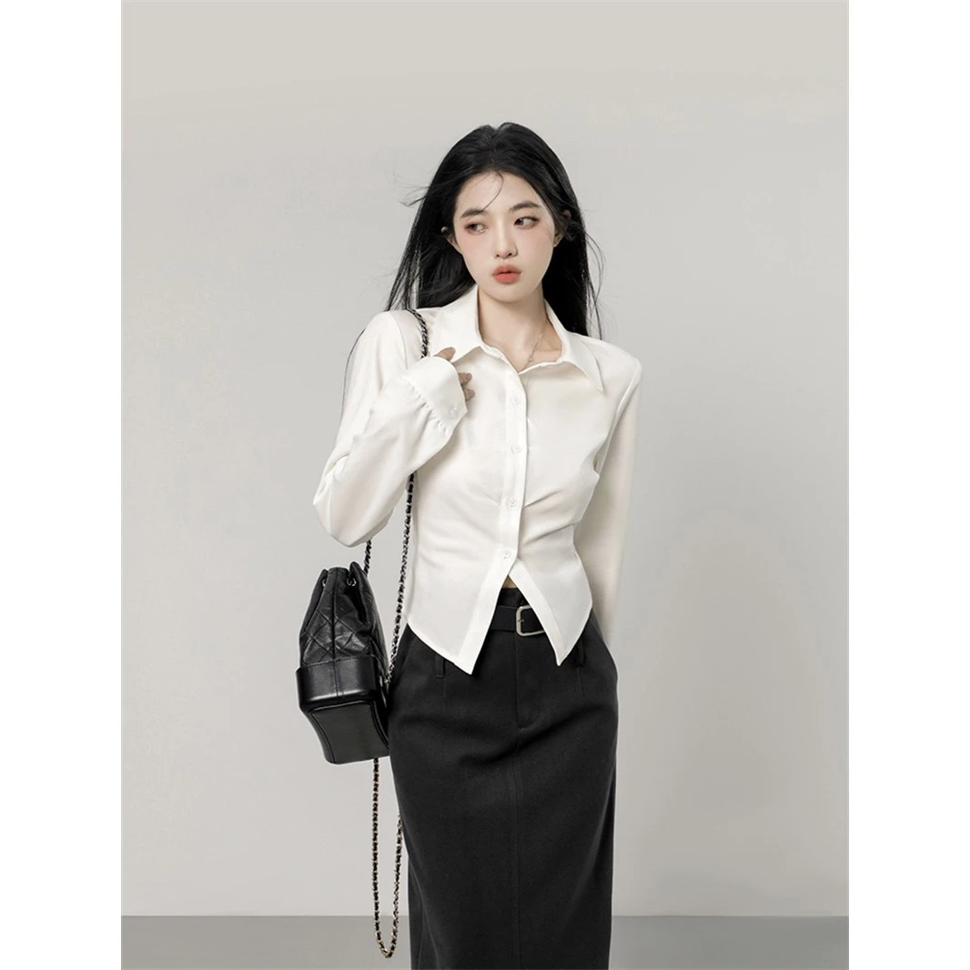 白色衬衫内搭上衣女2023新款秋季长袖设计感小众短款显瘦收腰衬衣