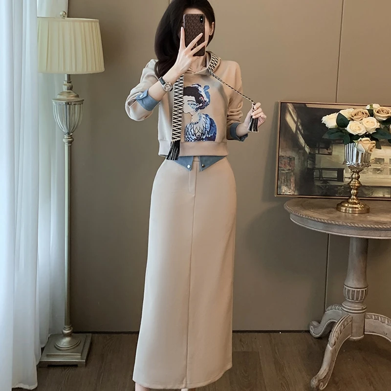 冬季套装女今年流行爆款高级感气质加绒卫衣休闲运动风裙子两件套