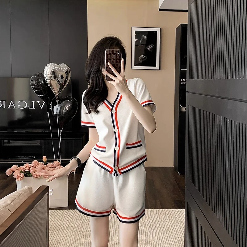 小香风套装女夏装新款网红减龄时尚休闲白色短袖短裤运动两件套潮