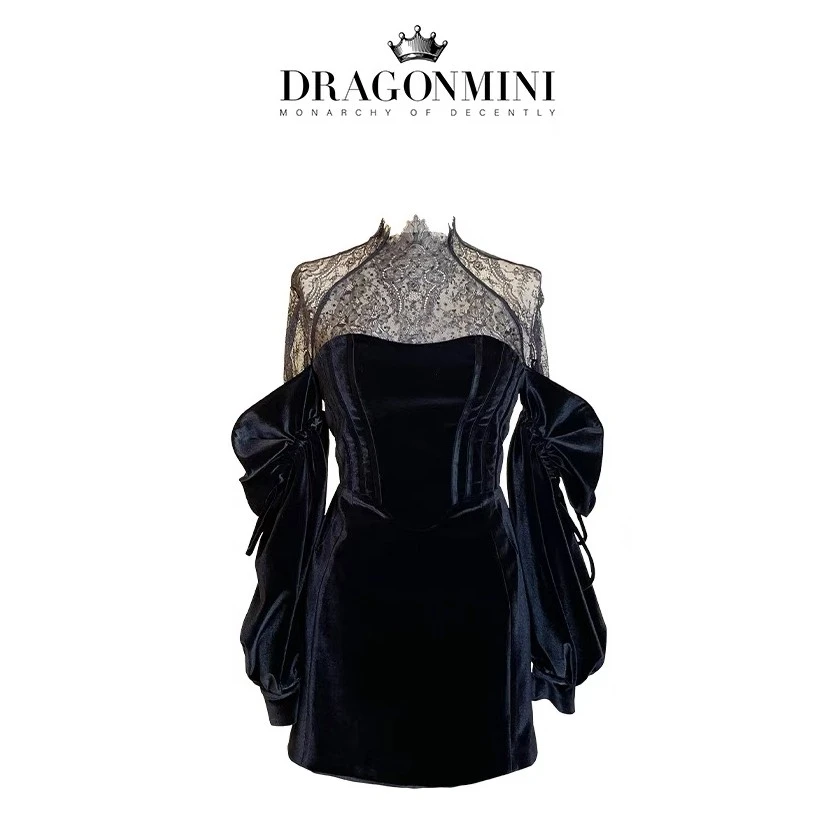 DRAGONMINI法式丝绒蕾丝薄纱灯笼袖泡泡袖性感黑色秋冬连衣裙