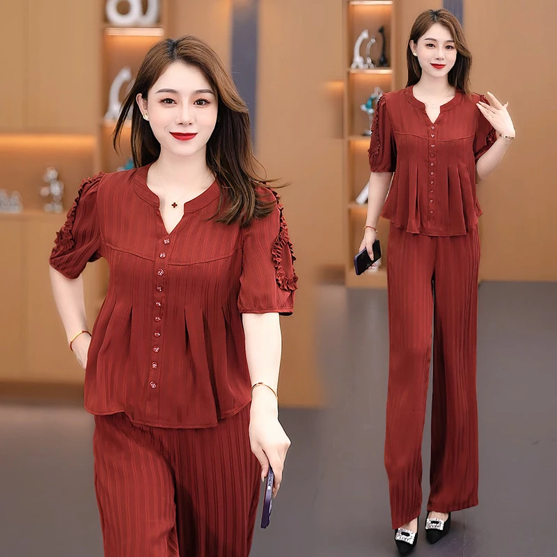 夏季气质遮肚显瘦短袖两件套女新款时尚减龄穿搭阔腿裤两件套