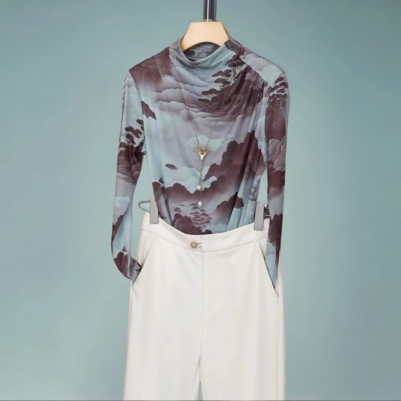 【阿坤原创】上衣时尚秋季小衫圆领水墨画气质休闲百搭套头打底