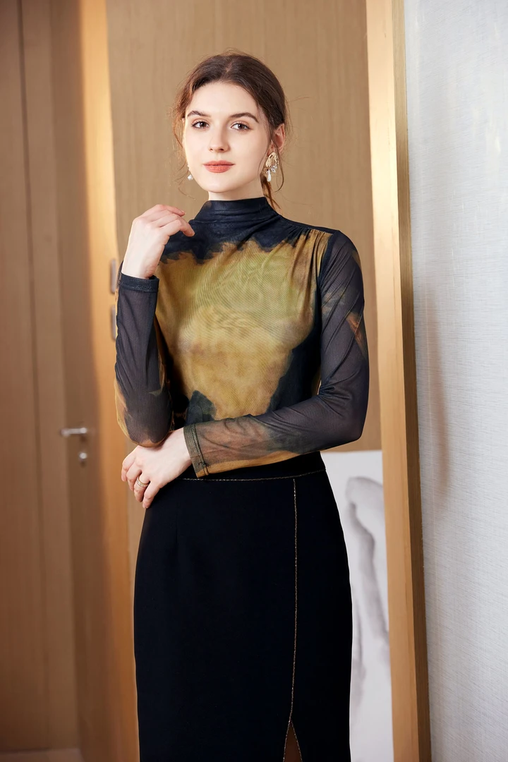 【阿坤原创】上衣时尚花纹秋季小衫圆领撞色气质休闲百搭打底