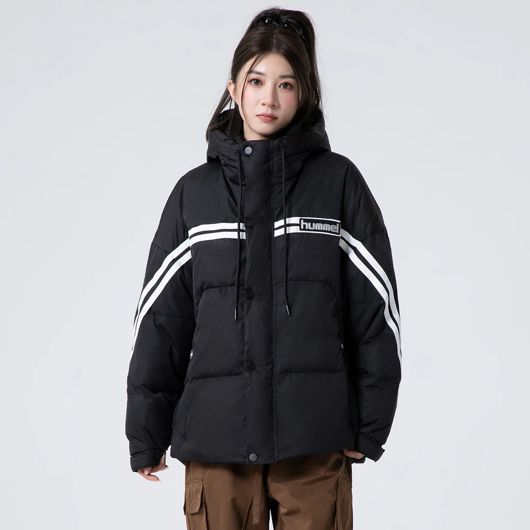 HUMMEL运动防水条纹羽绒服连帽时尚冬季加厚休闲撞色宽松男女同款