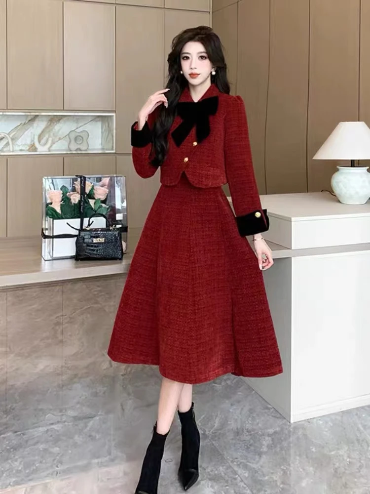 【浅浅公主】小香风蝴蝶结套装外套高腰显瘦半身裙两件套女#AA1312