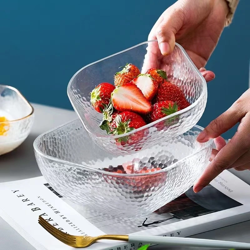 玻璃沙拉碗盘网红水果餐具家用蔬菜甜品锤纹透明简约大号水果盘子
