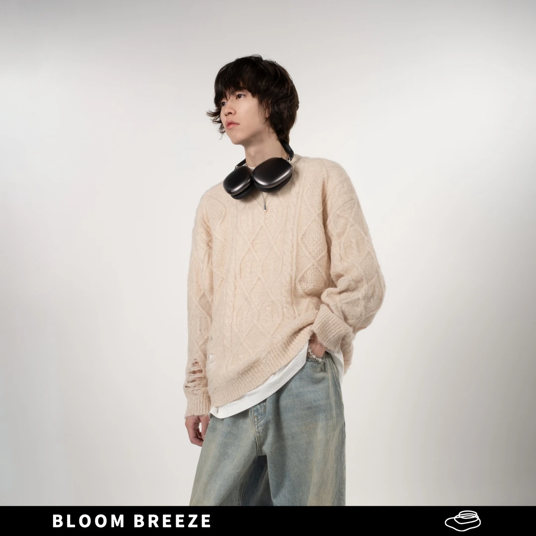 BLBR 复古破洞慵懒宽松不规则纹路设计感针织毛衣男款根西衫毛衣