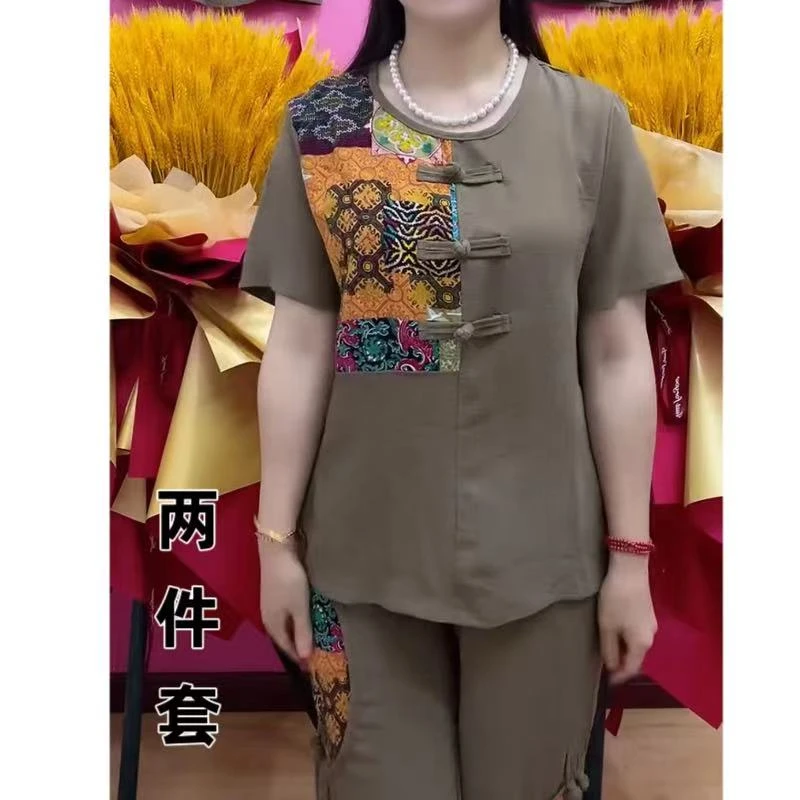 洋气妈妈套装夏季新款时尚短袖中式上衣T恤宽松休闲女装两件套