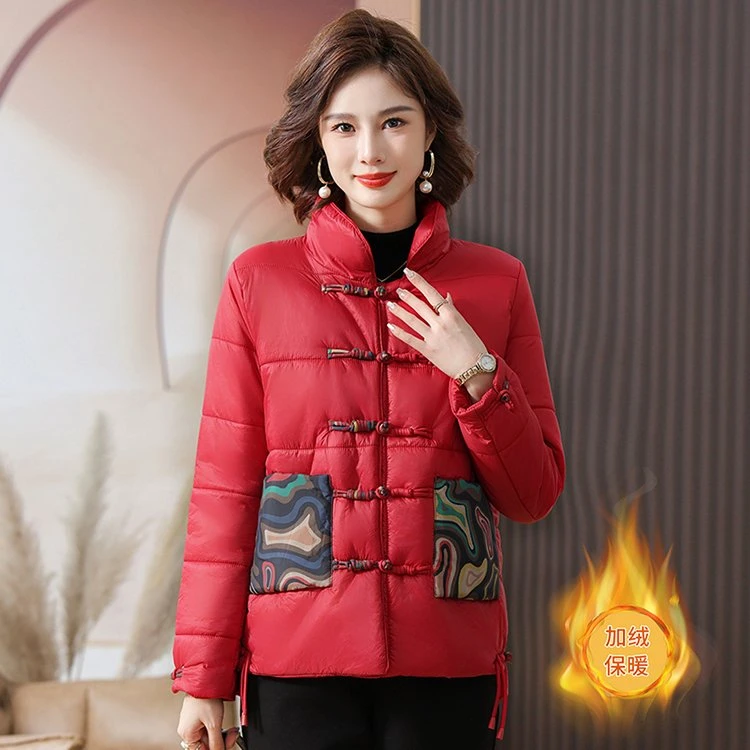 2023秋冬新款妈妈装休闲时尚减龄显瘦加绒保暖棉服外套民族风棉衣