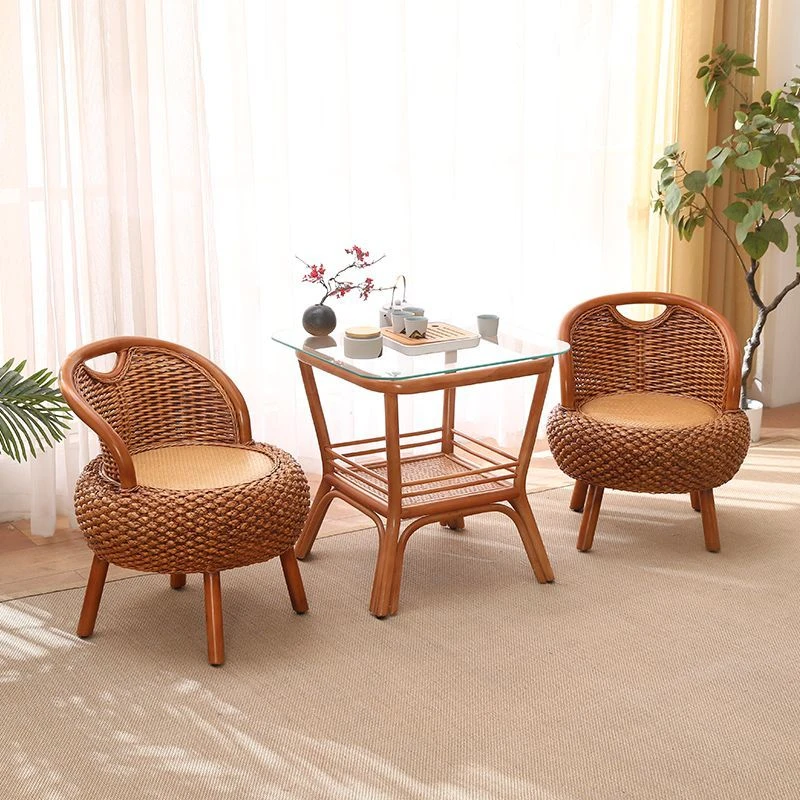 网红藤编小藤椅家用阳台茶桌实木单人靠背椅矮凳新中式凳子椅子
