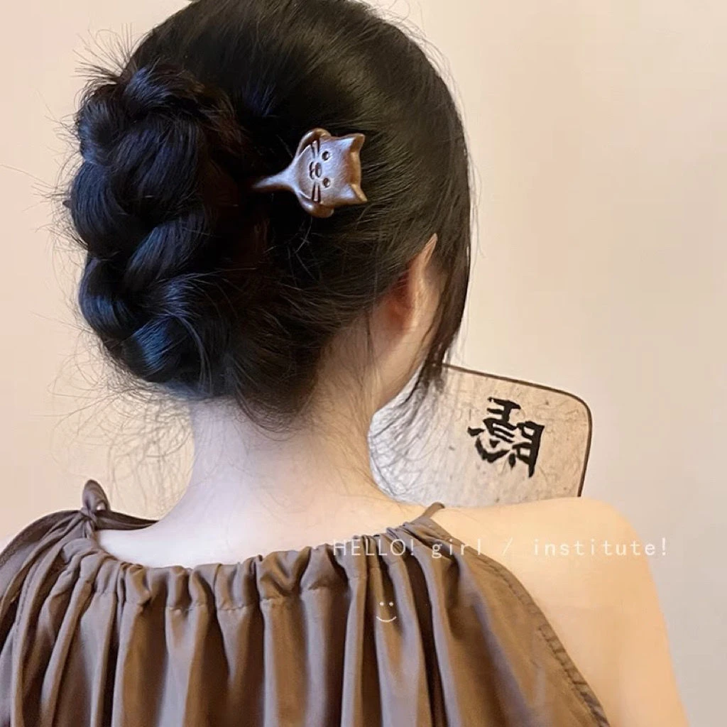 卖萌猫崽~可爱檀木簪子女古风高级感丸子头盘发簪新中式旗袍头饰G