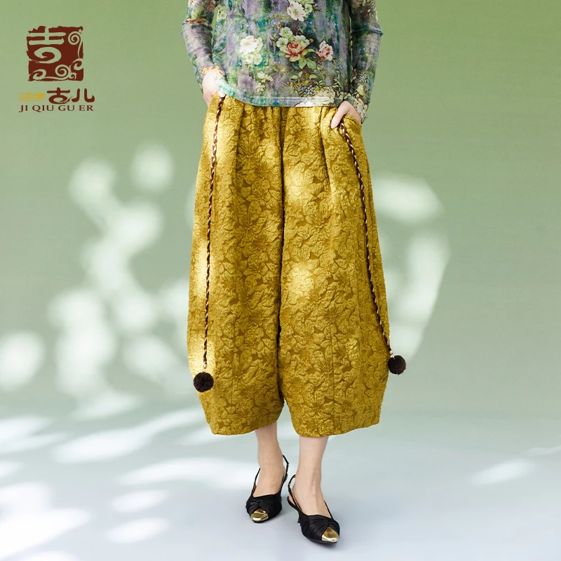 吉丘古儿原创复古肌理休闲裤浮雕提花立体宽松显瘦阔腿裤G221K001