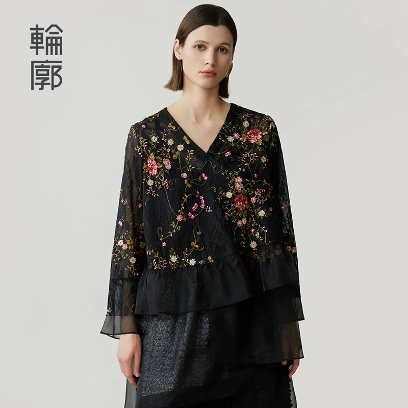 轮廓涟漪L243Y069设计感新中式小衫蕾丝绣花复古时尚不对称设计女