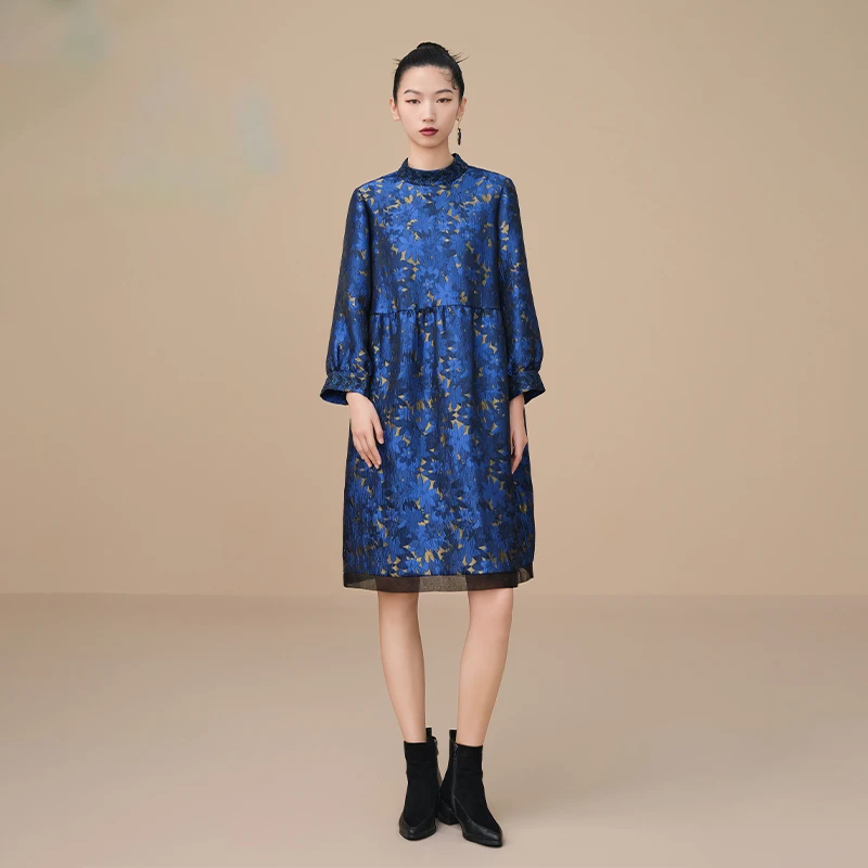 吉丘古儿璀璨花海连衣裙G233Y073复古精致小立领金丝提花娃娃裙女