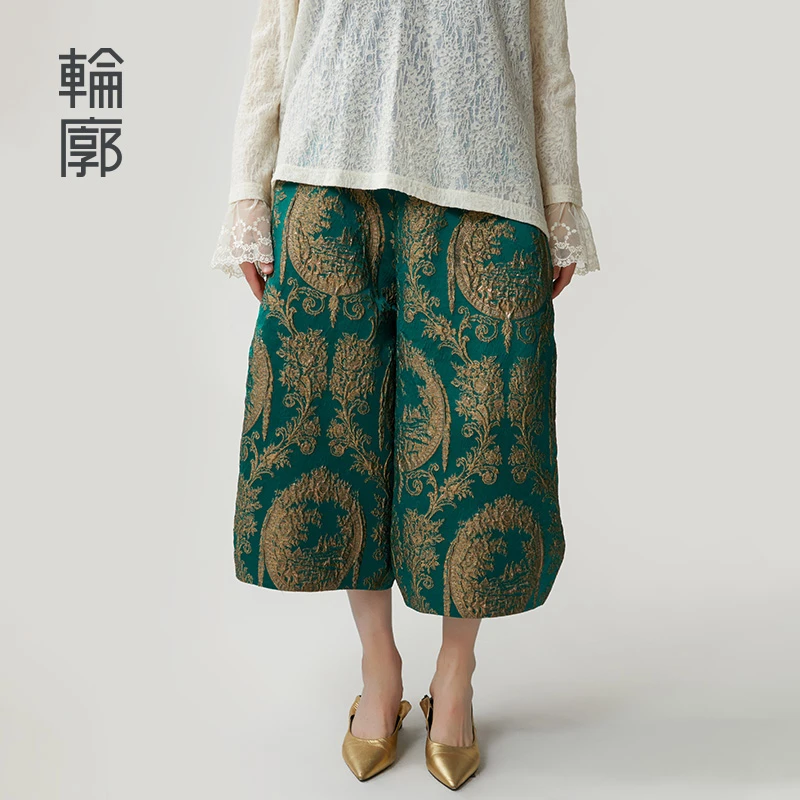 轮廓风雅宋L243K024亮丝提花花苞裤中式国风时尚宽松阔腿八分裤女