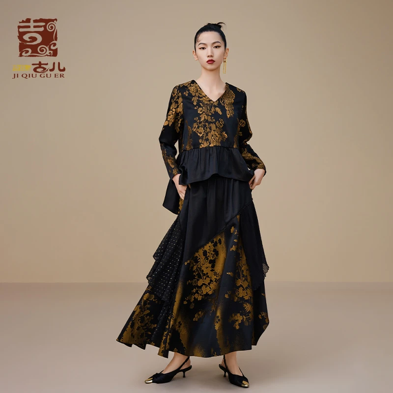 吉丘古儿孔雀王朝复古长袖T恤G233Y036中式提花国风优雅通勤上衣