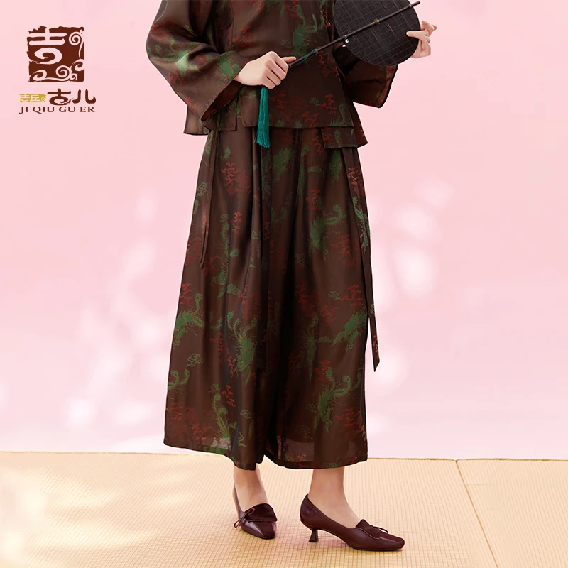 吉丘古儿凤归云九分阔腿裤新中式提花复古日常春夏垂顺G242K006