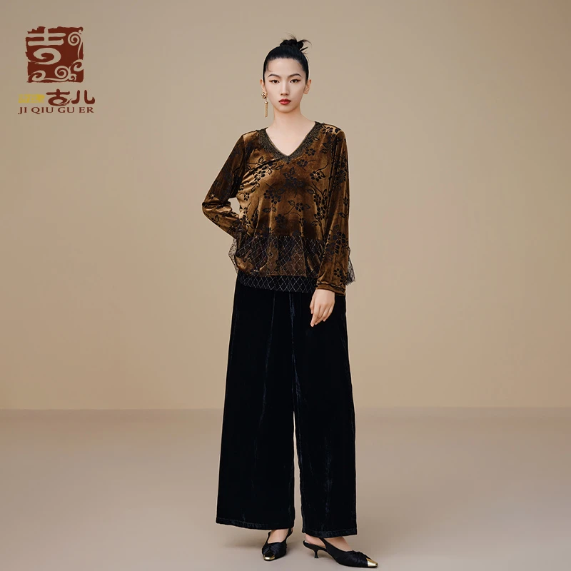 吉丘古儿摩卡丝绒上衣G233Y083复古雕刻印花蕾丝拼接百搭打底衫女