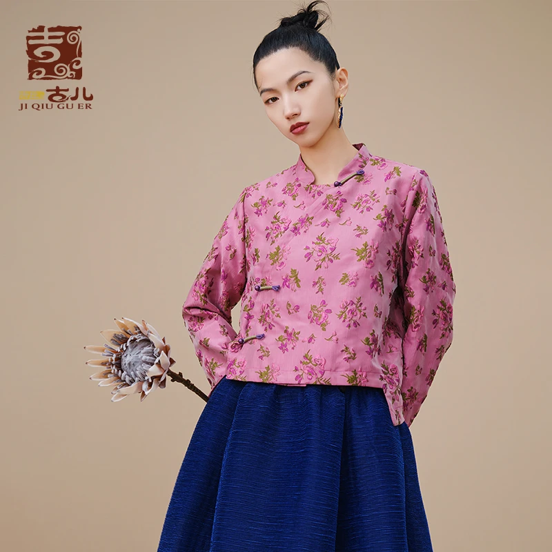 吉丘古儿法蓝佳人提花短款棉服中式立领印花复古典雅女G234Y034