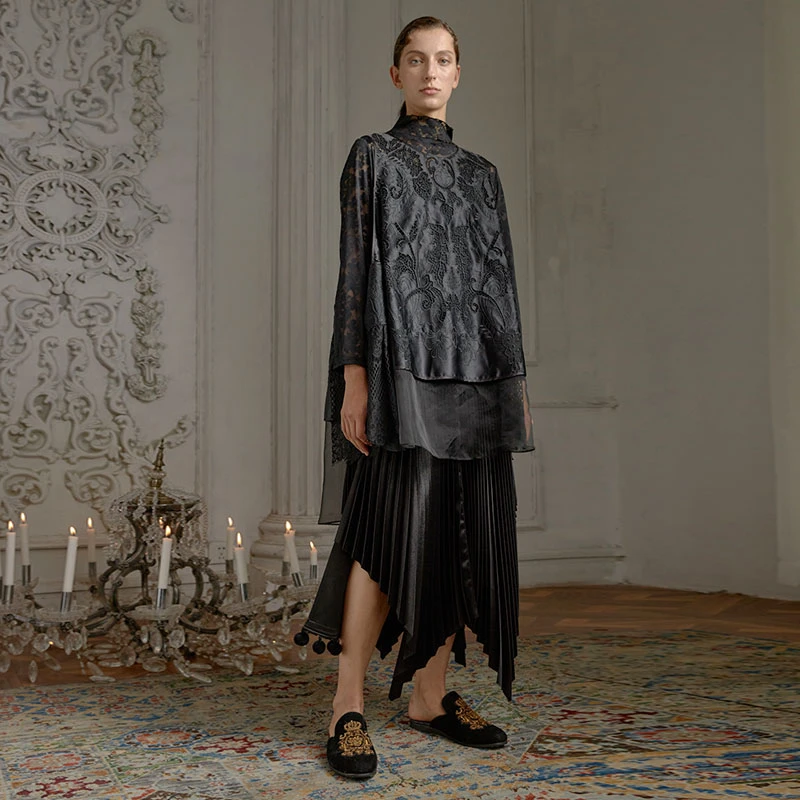 轮廓原创设计马甲L213Y015中长款钩花镂空复古国风蕾丝提花马夹潮