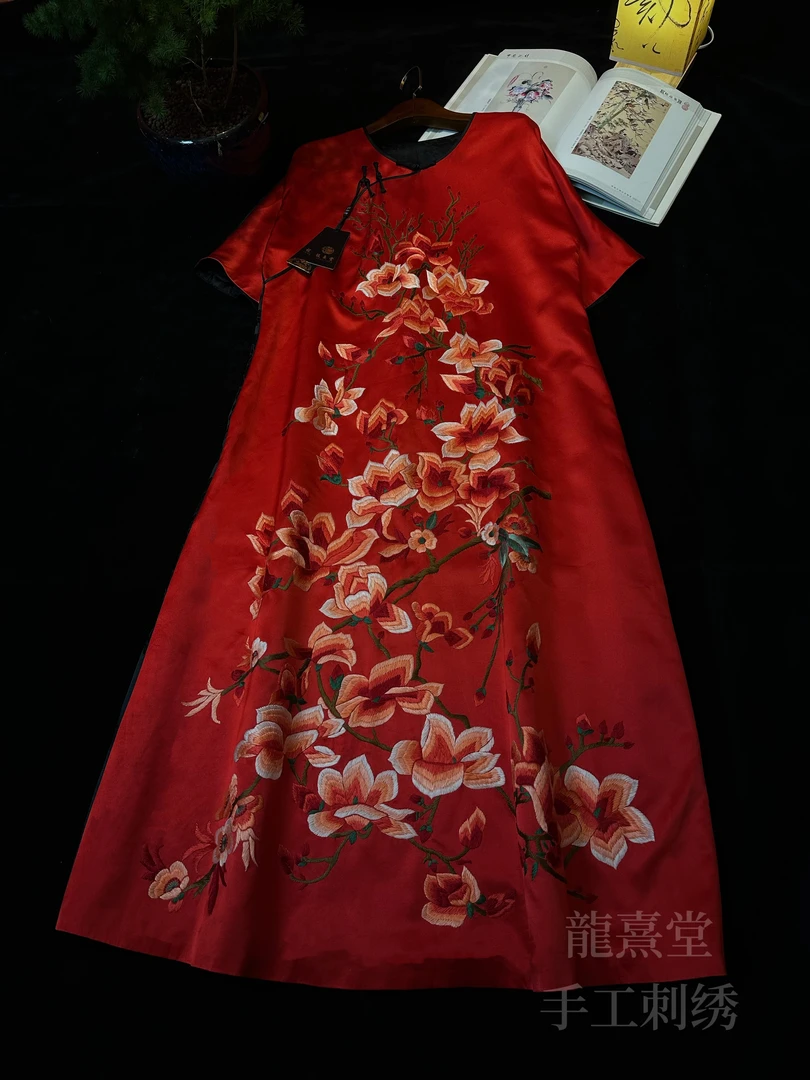 龍熹堂｜手工刺绣经典玉兰花图京绣细绣高端精品长袍