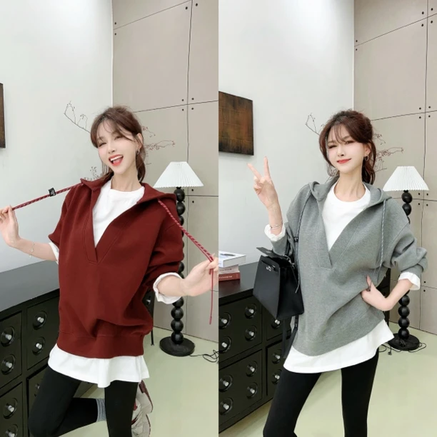 《韩系休闲》松弛感假两件V领连帽卫衣 （衣长72）（#8365）