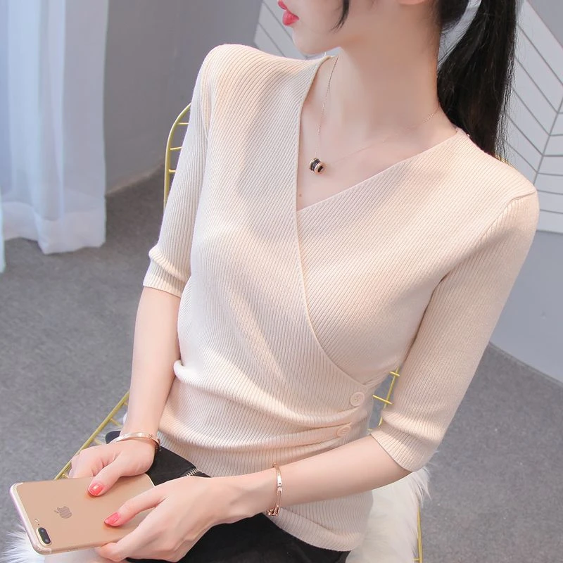 长袖/中袖春夏新款针织衫女上衣洋气领不规则修身打底衫外穿毛衣
