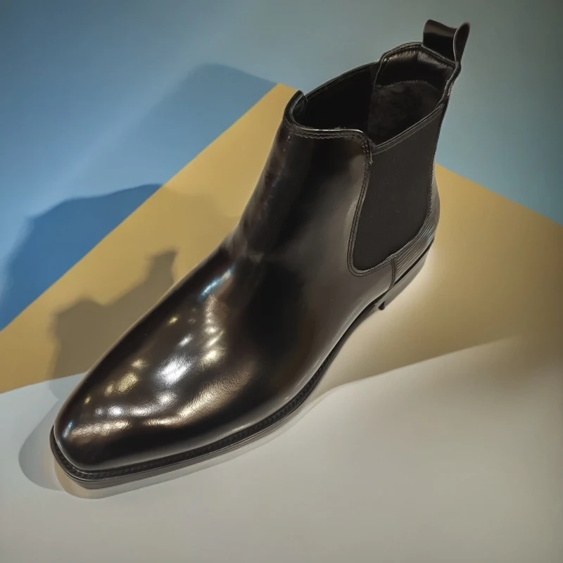 手工高帮真皮男士切尔西靴英伦高帮亮面开边珠潮流商务正装男靴儿