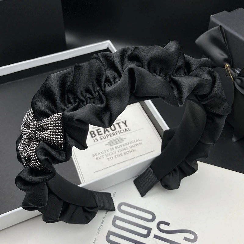 韩国轻奢满钻蝴蝶结发箍时尚高颅顶宽边褶皱洗脸发卡简约气质头饰