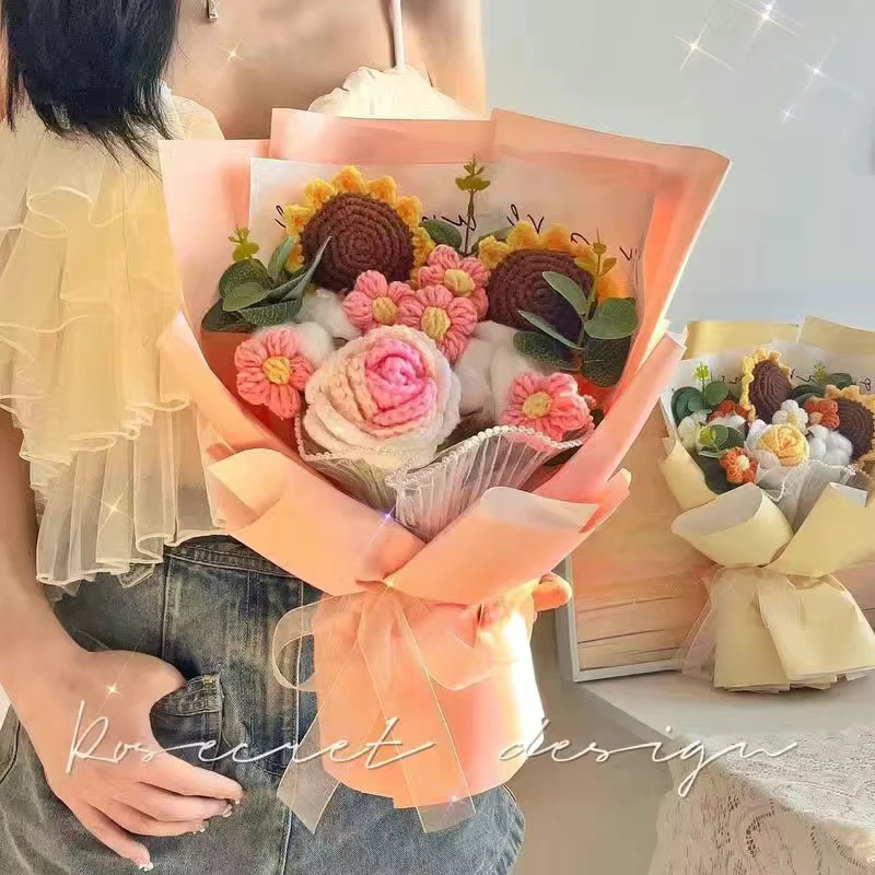 手工毛线针织编织向日葵玫瑰混搭花束成品38女神节礼物