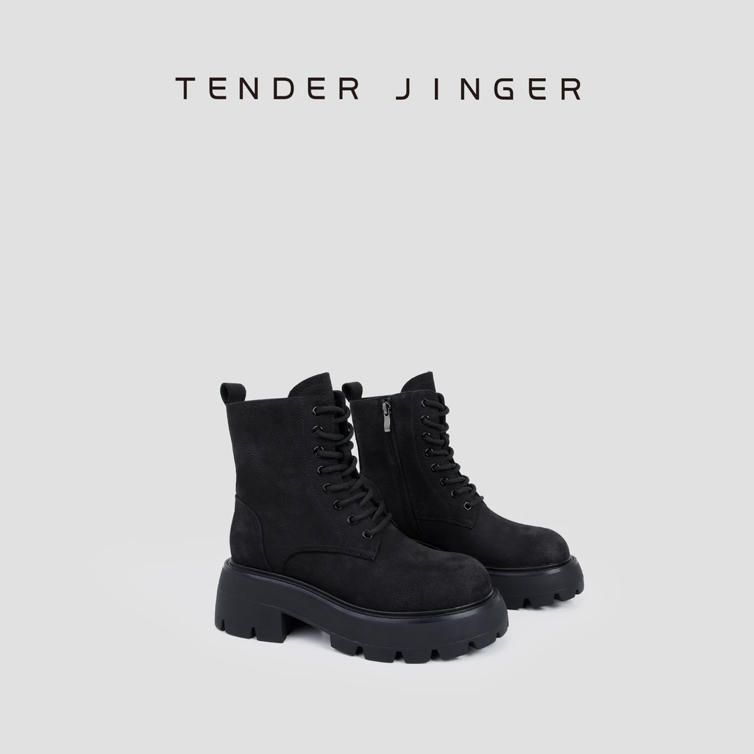Tender Jinger马丁靴女2024新款小个子厚底侧拉链绑带短靴英伦风