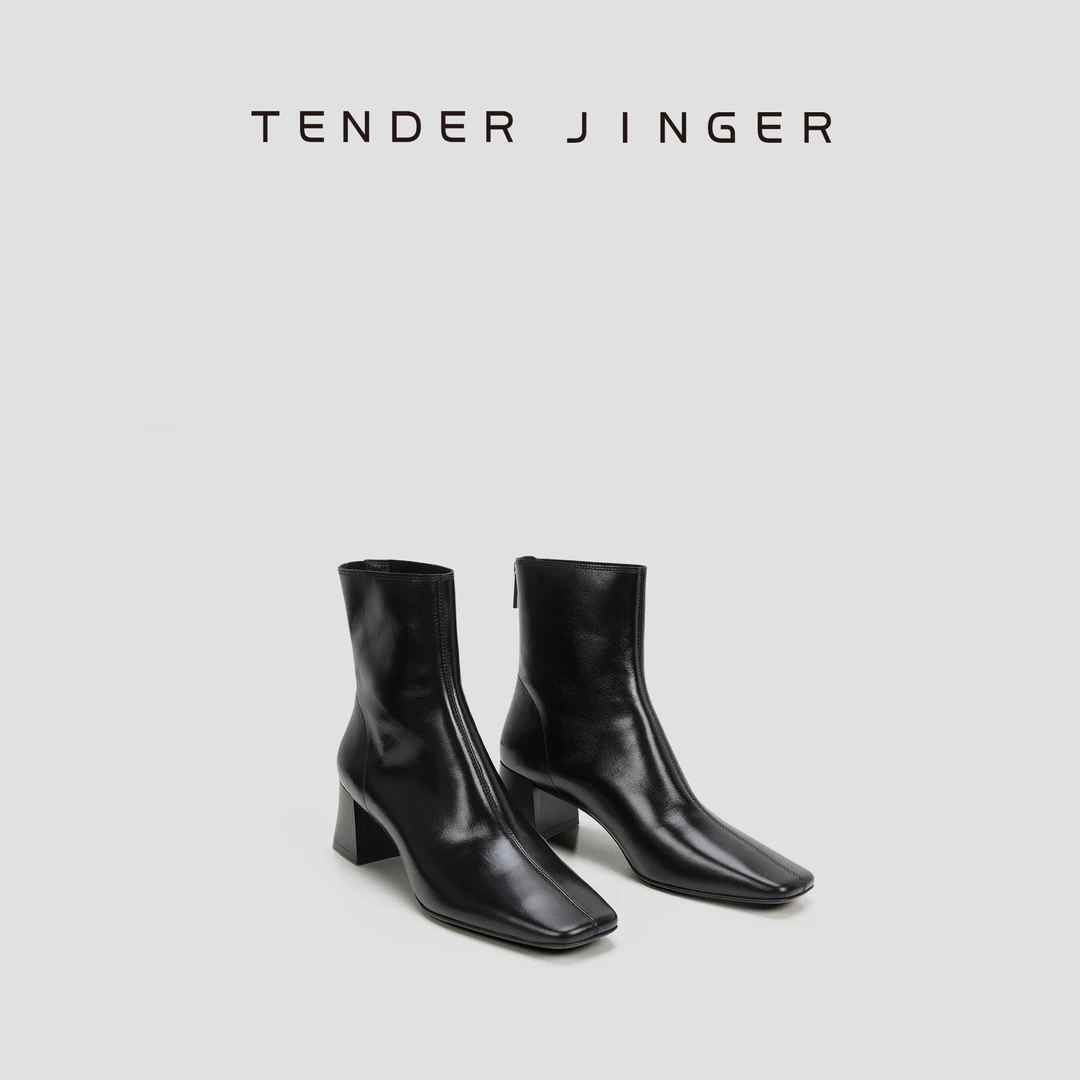 Tender Jinger2024秋冬新款法式百搭时尚瘦瘦靴女方头跟高短筒靴