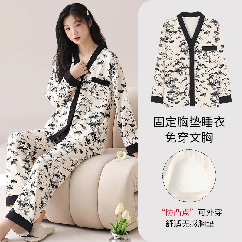 2025新款纯棉带胸垫睡衣女士秋冬大码长袖长裤家居服套装