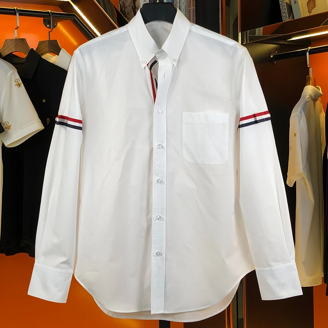 男士长袖撞色贴布衬衫经典时尚白色春夏秋季常规款轻奢修身