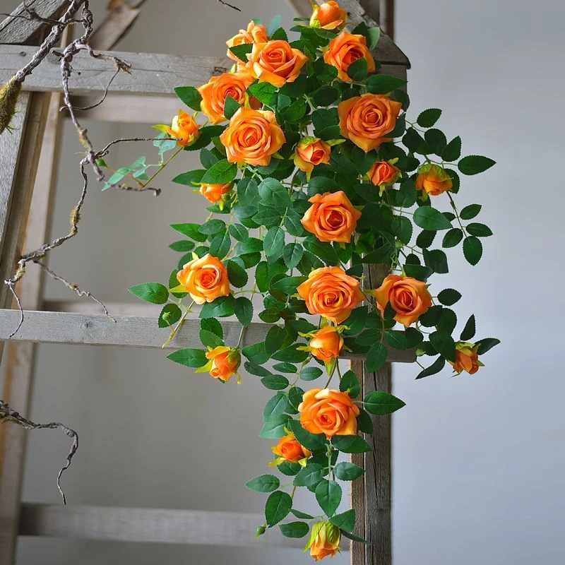 仿真玫瑰花墙面垂吊假花吊篮摆设吊兰绿植塑料壁挂花装饰阳台植物