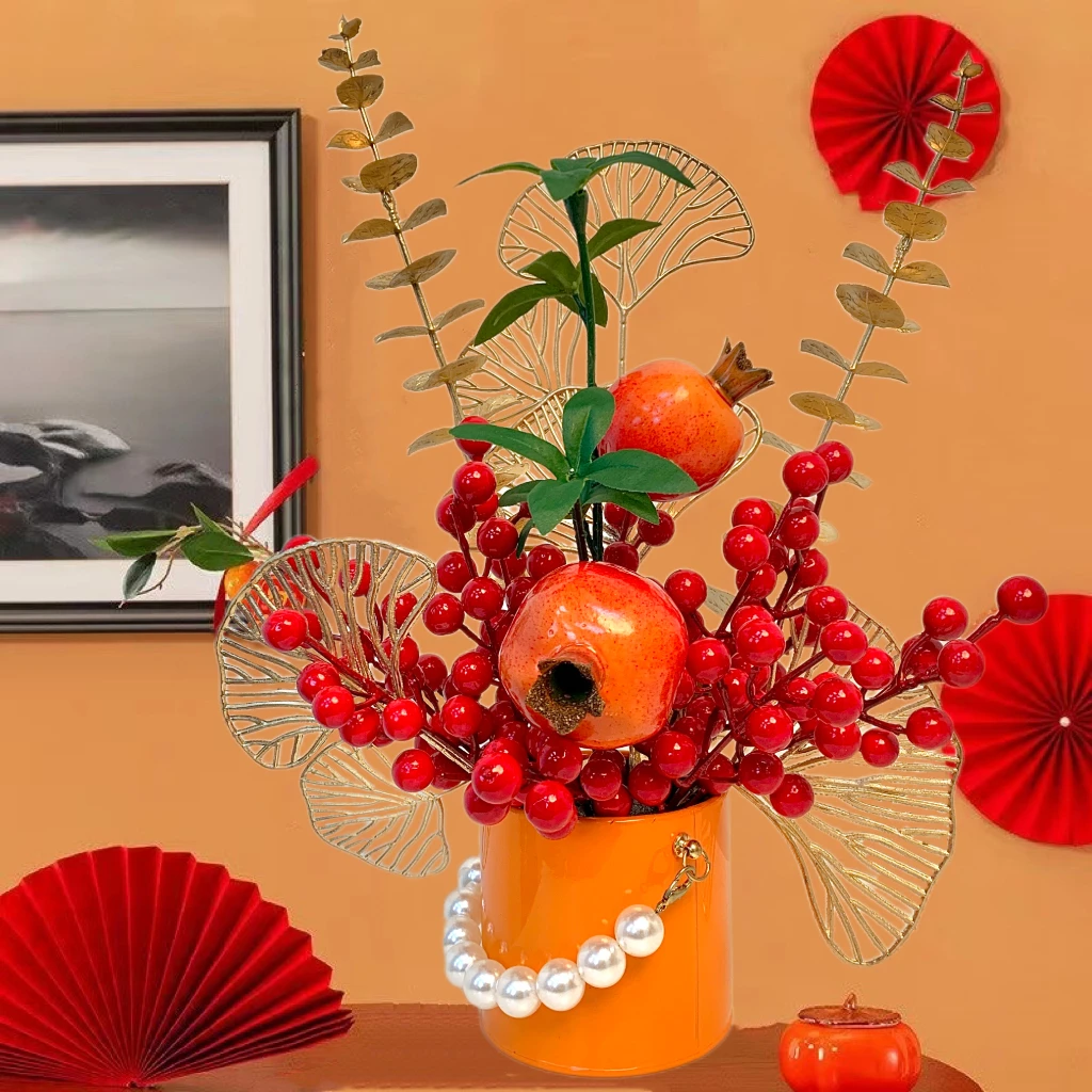 【高档】发发果套装成品插好发货花艺套装珍珠铁艺花盆客厅餐厅装饰