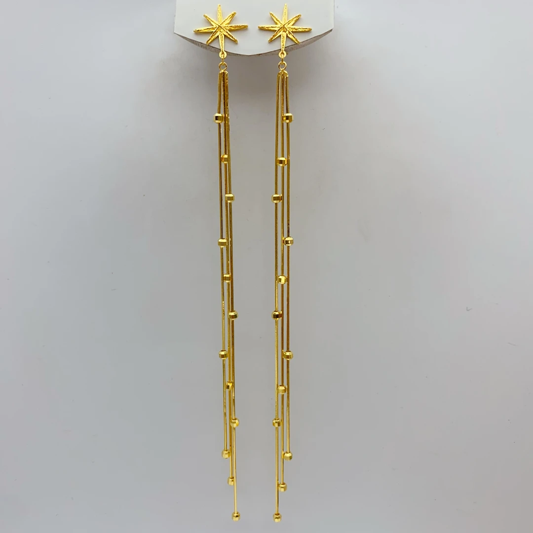 老庙足金  精工5G工艺  超长蛇骨流苏 芒星直针耳饰 7.56克