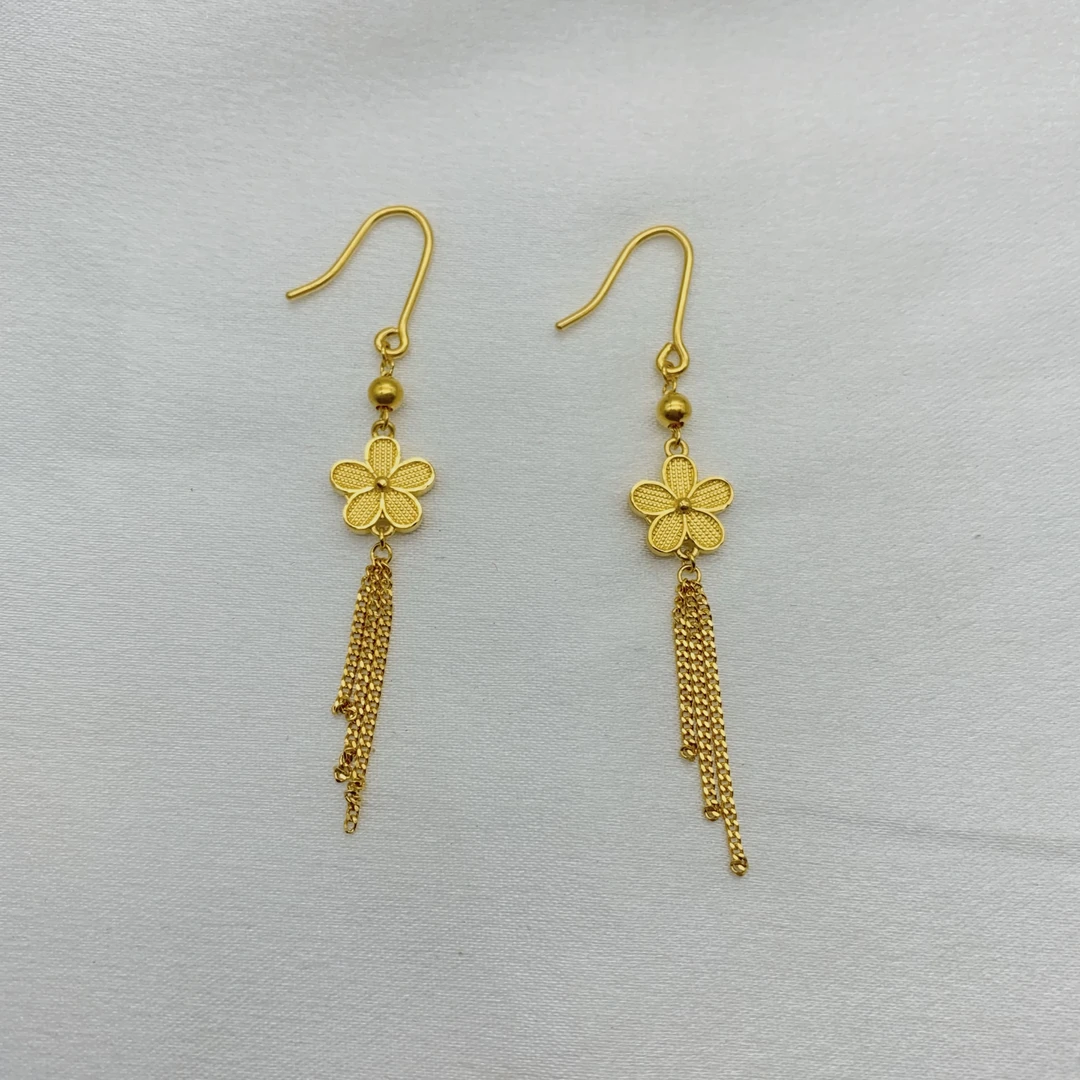 老庙足金2 精工5G工艺 磨砂梅花流苏 耳钩 5.05克